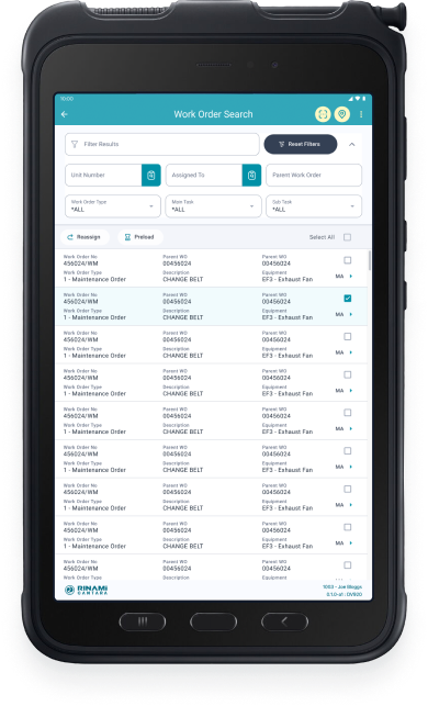 Work order search on Cantara Mobile App